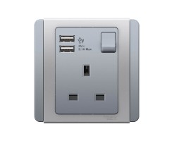 施耐德 13A 單位連保護門有掣插座連雙位USB充電插座（銀灰色） - E3015USB_GS_C5