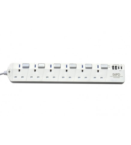 EIGHT TypeC PD+ USB 連6位13A拖板 白色 - EIGHT E6PD WHITE PD X 20W 1C2U X 15W 3M