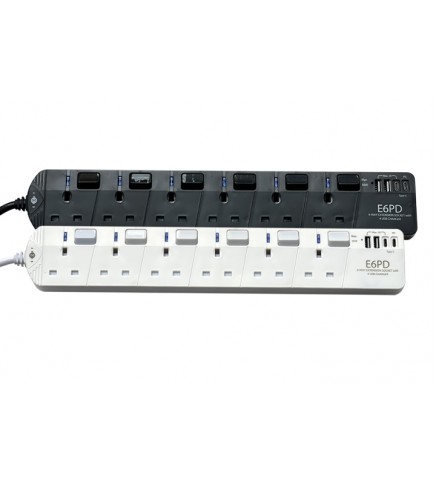 EIGHT TypeC PD+ USB 連6位13A拖板 白色 - EIGHT E6PD WHITE PD X 20W 1C2U X 15W 3M