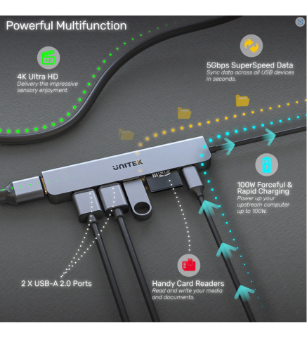 UNITEK優越者 - uHUB S7+ 7 合 1 超纖薄多媒體 USB-C Hub (支援5Gbps、4K HDMI 和 USB-PD 100W)- H1118A