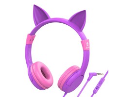 iClever BoostCare Kids Headphones, Wired Headphones - HS01 CAT Rose & Purple