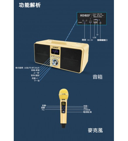 SDRD 無線K歌神器  雙人對唱音響組合  麥克風音響套裝 (金色) - SDRD SD-309