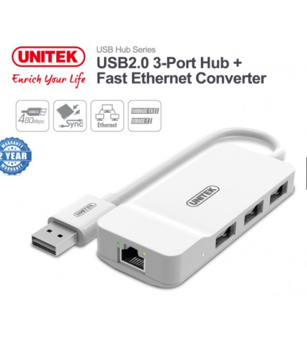 UNITEK優越者 - USB2.0 , 3-Port + Lan -（USB2.0 3 端口集線器 + 快速以太網轉換器） - Y-1470