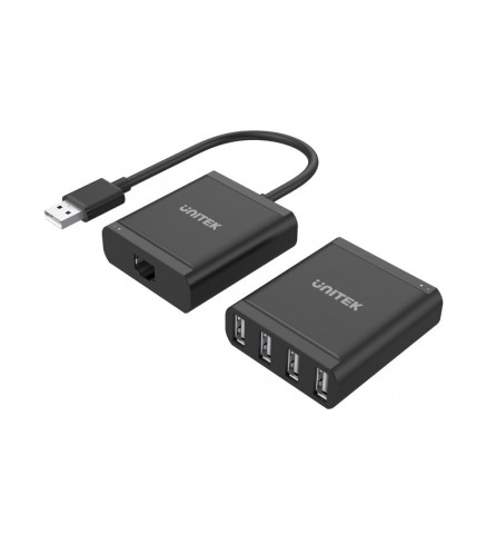 UNITEK優越者 - USB2.0 擴展器通過 Cat.5e + 4 端口集線器（高達 60M）- 帶英國電源 適配器 - Y-2516