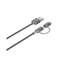 UNITEK優越者 - 灰色 2 合 1 USB 2.0 轉 Micro USB 多用途充電線，帶閃電適配器 - 1M，USB 轉 Micro USB + 閃電適配器（帶 MFI） - Y-C4031GY
