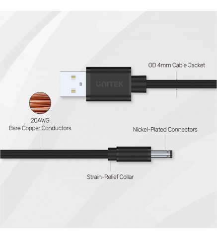 UNITEK優越者 - 1M，USB AM 轉 DC3.5*1.35MM 公頭電源線，黑色，UNITEK 塑料袋包裝 - Y-C495BK